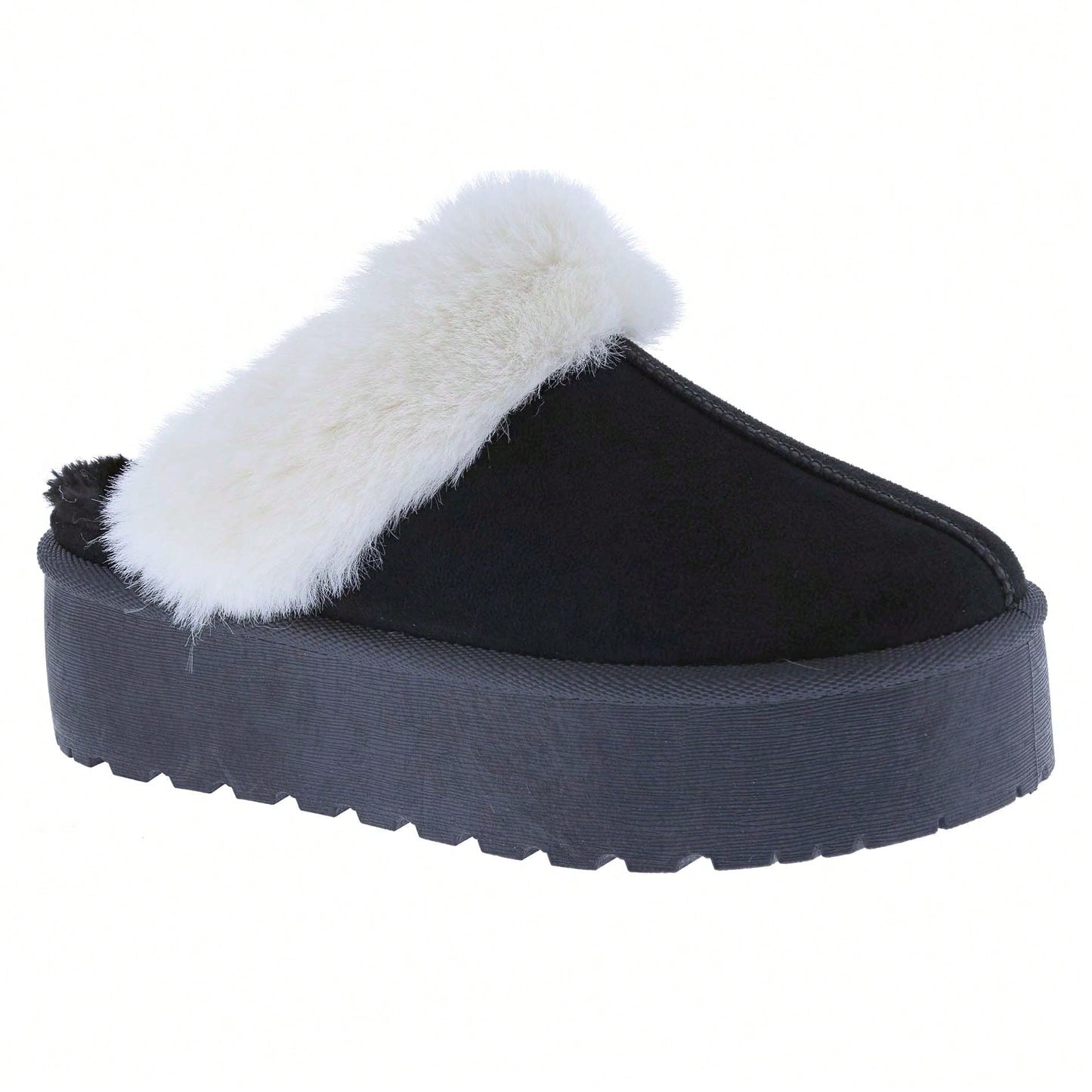 Women's Faux Fur Slip-On Platform Winter Mules Fluffy Suede Comfort Slippers