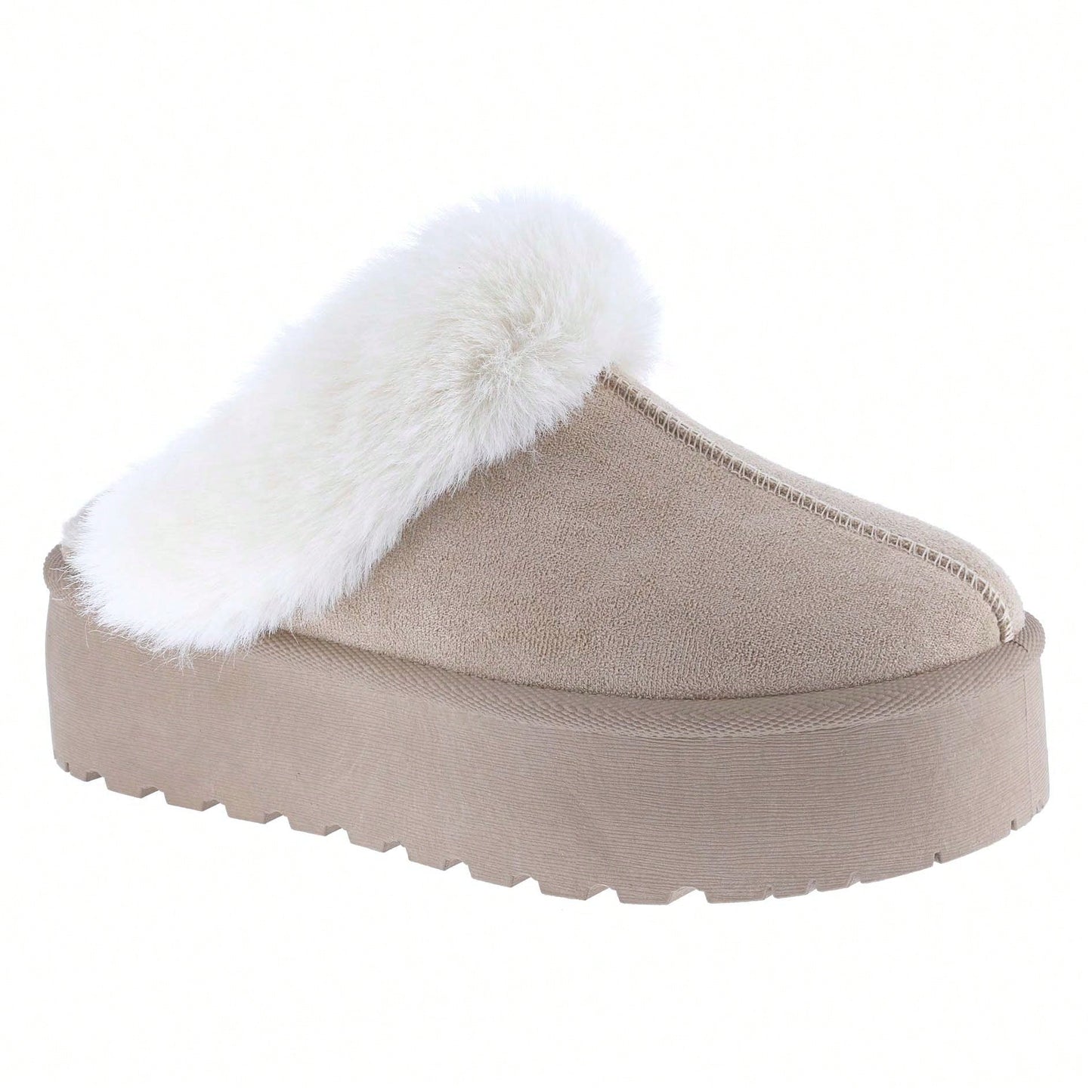 Women's Faux Fur Slip-On Platform Winter Mules Fluffy Suede Comfort Slippers