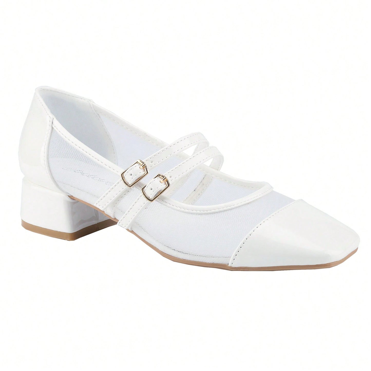 Mesh Double Strap Mid Heel Faux Patent Leather Women Shoes Mary Jane