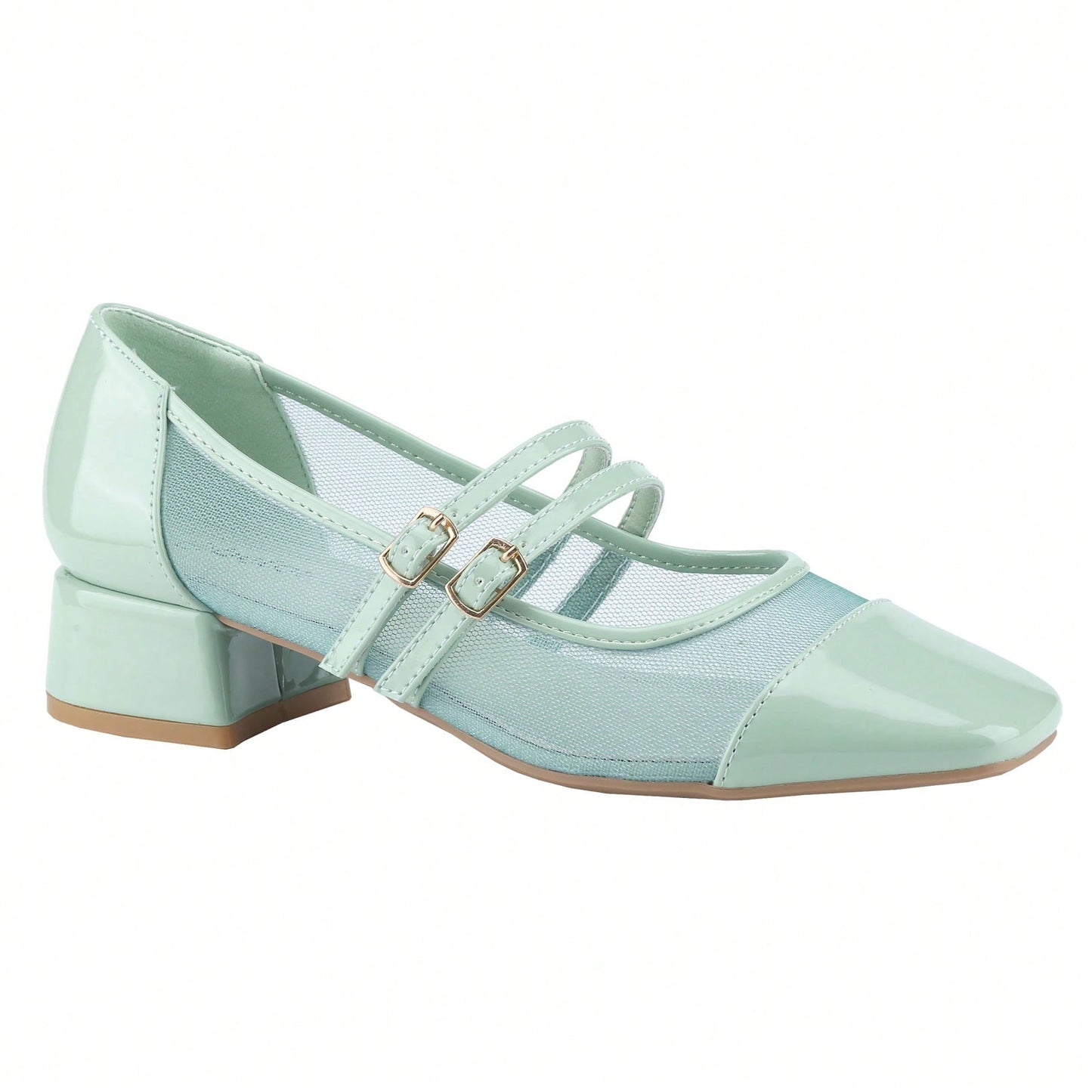 Mesh Double Strap Mid Heel Faux Patent Leather Women Shoes Mary Jane