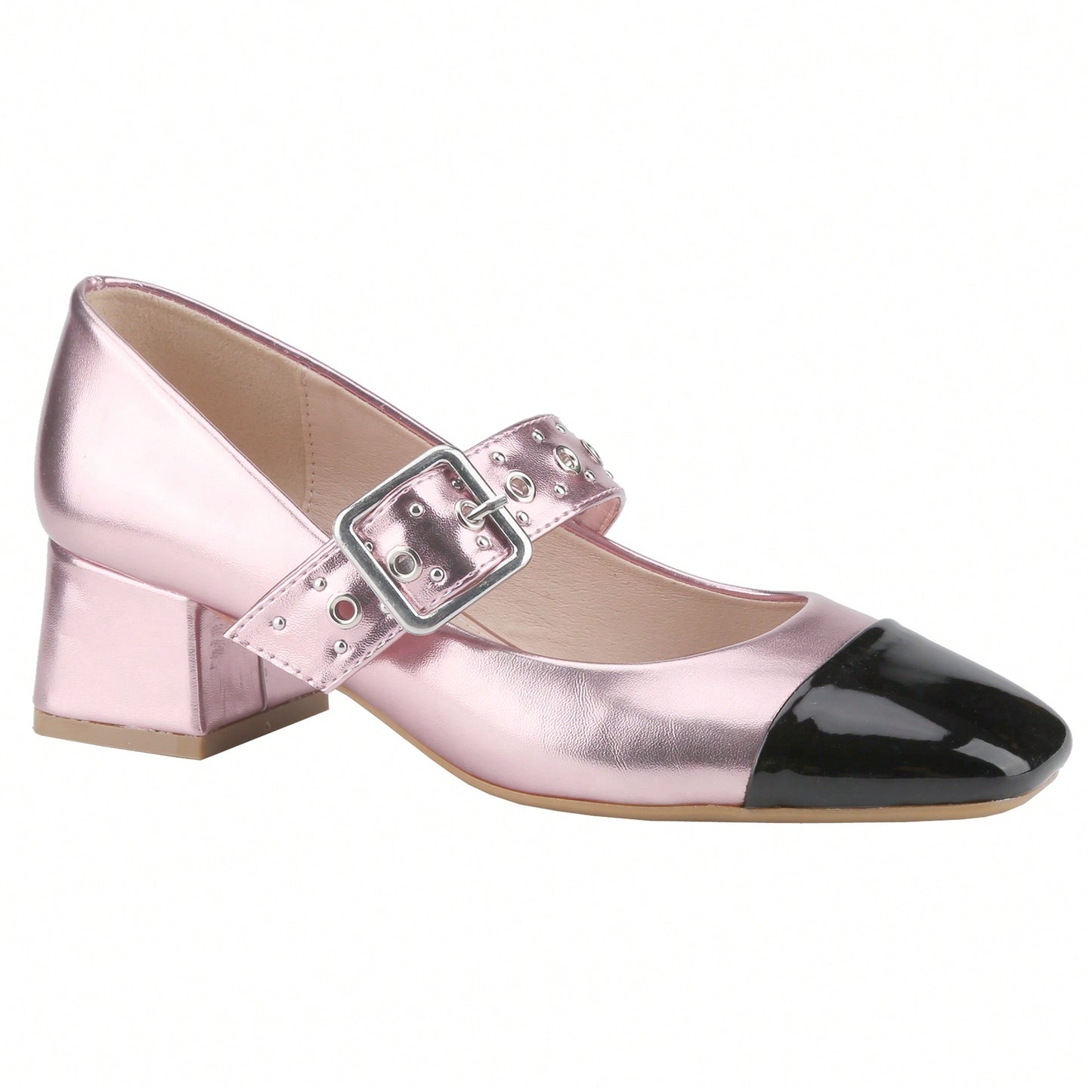 Women's Square Toe Mary Jane Pump Buckle Strap Block Mid Heel Two Tone