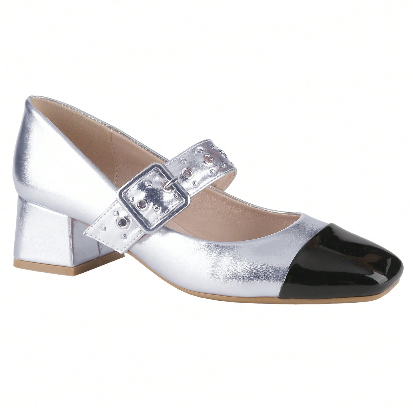 Women's Square Toe Mary Jane Pump Buckle Strap Block Mid Heel Two Tone