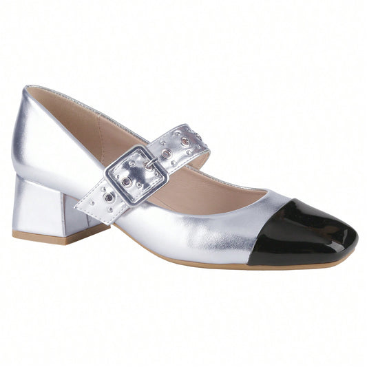 Women's Square Toe Mary Jane Pump Buckle Strap Block Mid Heel Two Tone