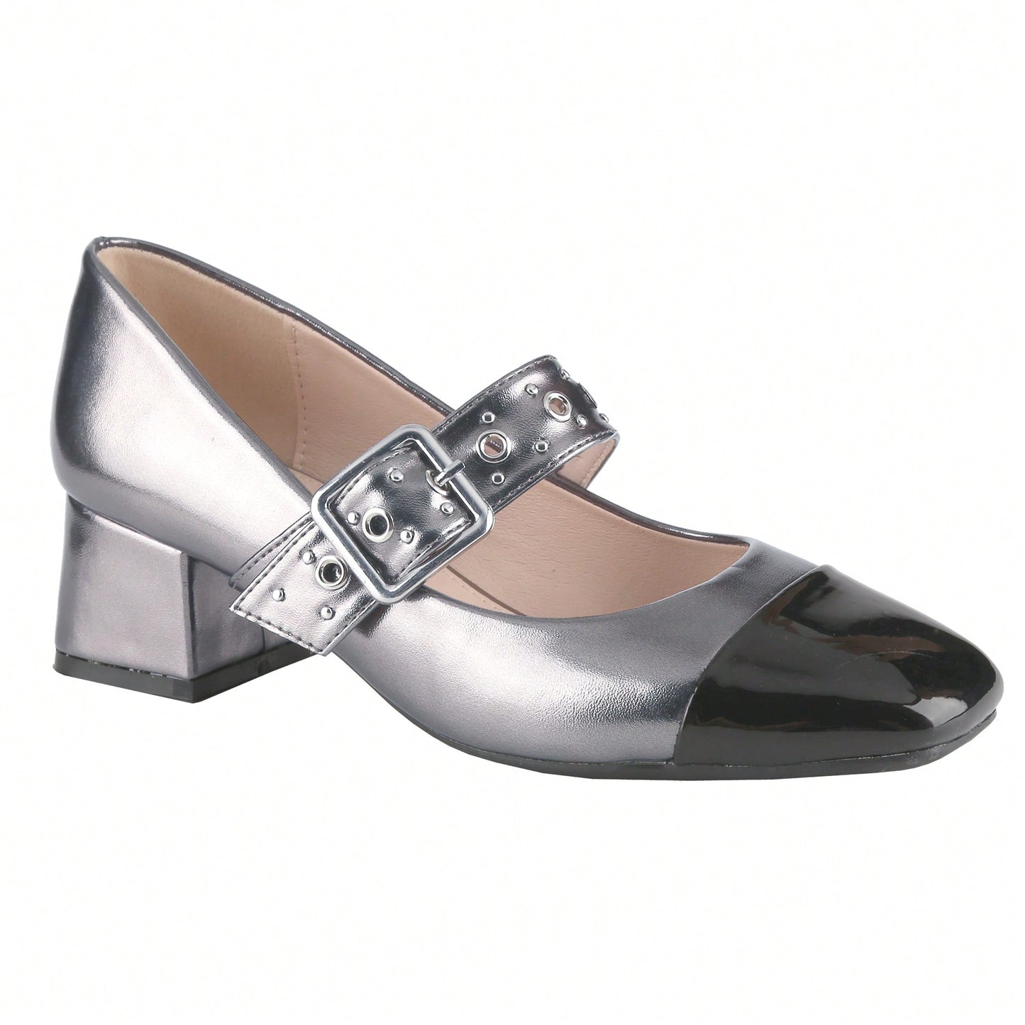 Women's Square Toe Mary Jane Pump Buckle Strap Block Mid Heel Two Tone