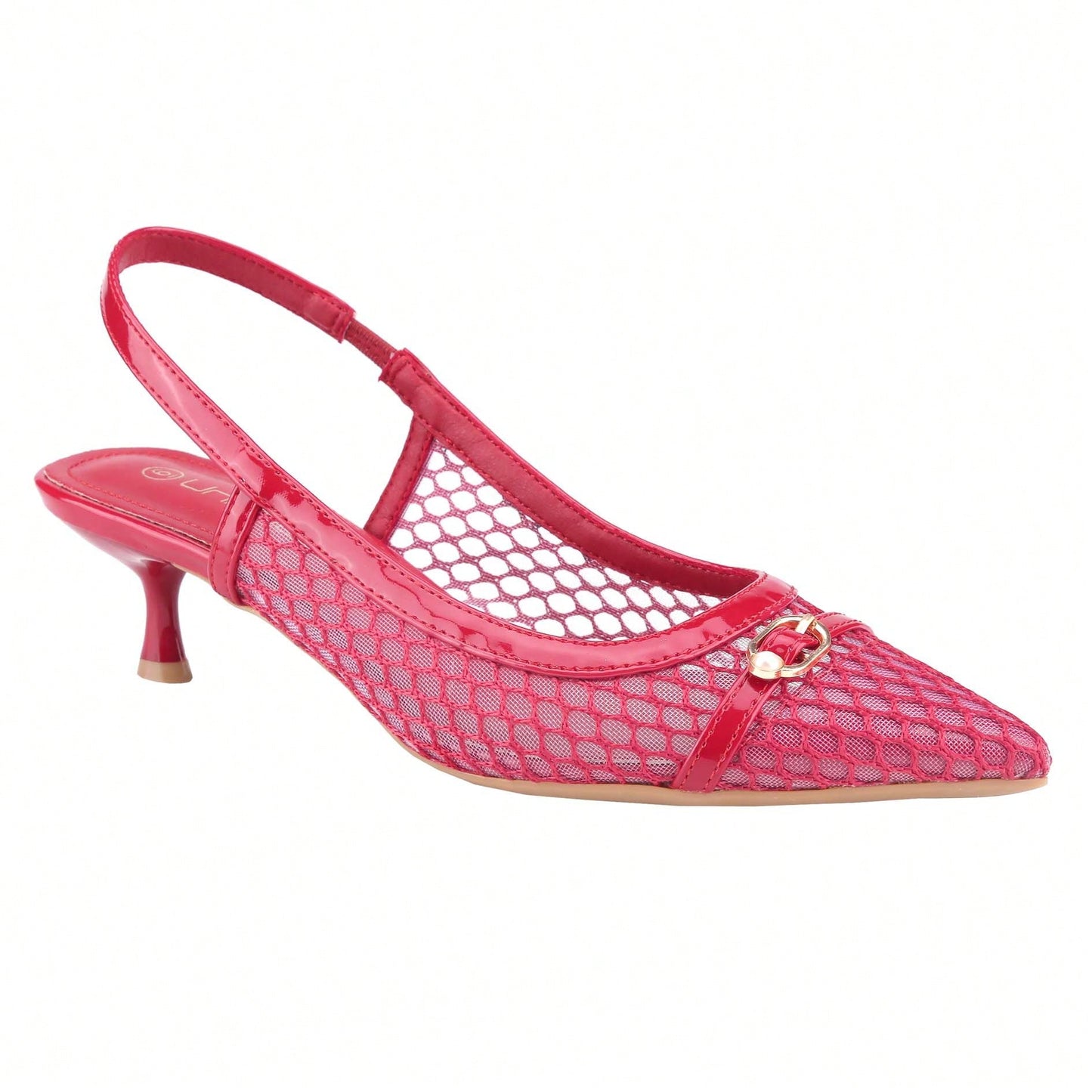 Women's Kitten Heels Slingbacks Point Toe With Pearl Buckle And Mesh Netting
