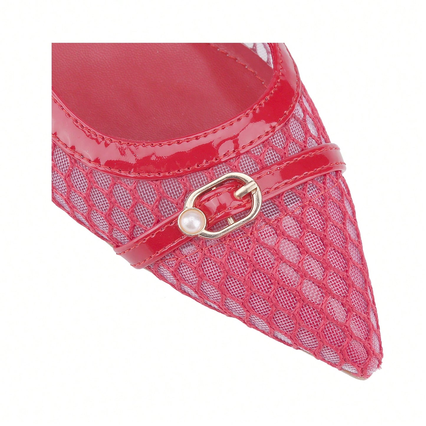 Women's Kitten Heels Slingbacks Point Toe With Pearl Buckle And Mesh Netting