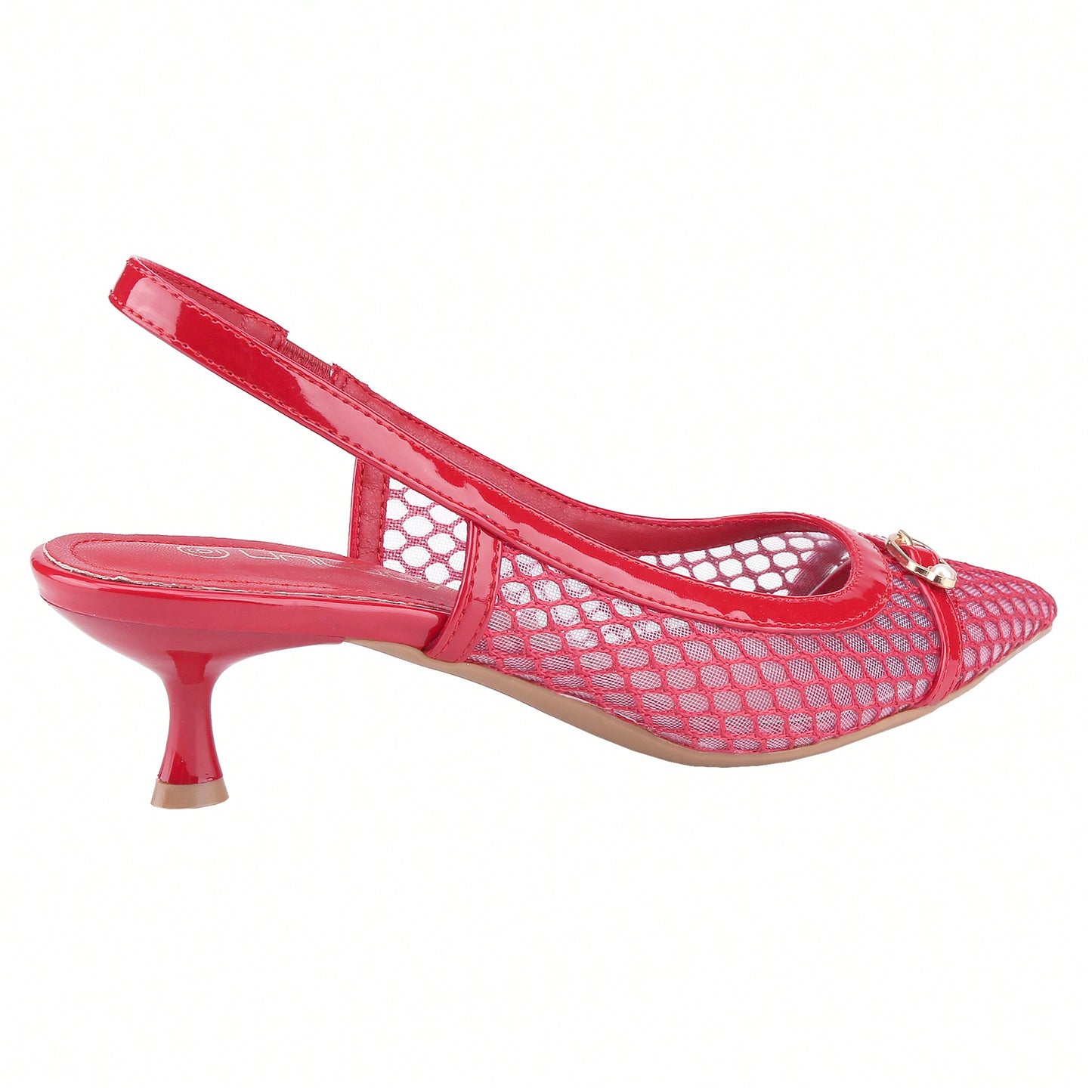 Women's Kitten Heels Slingbacks Point Toe With Pearl Buckle And Mesh Netting