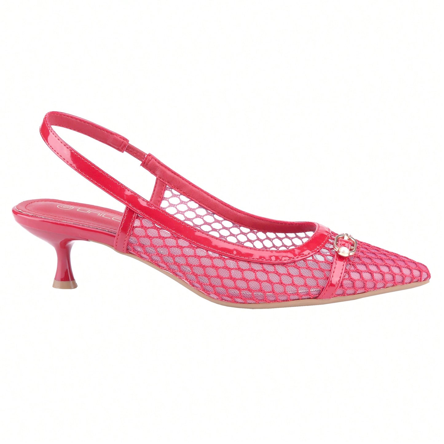 Women's Kitten Heels Slingbacks Point Toe With Pearl Buckle And Mesh Netting