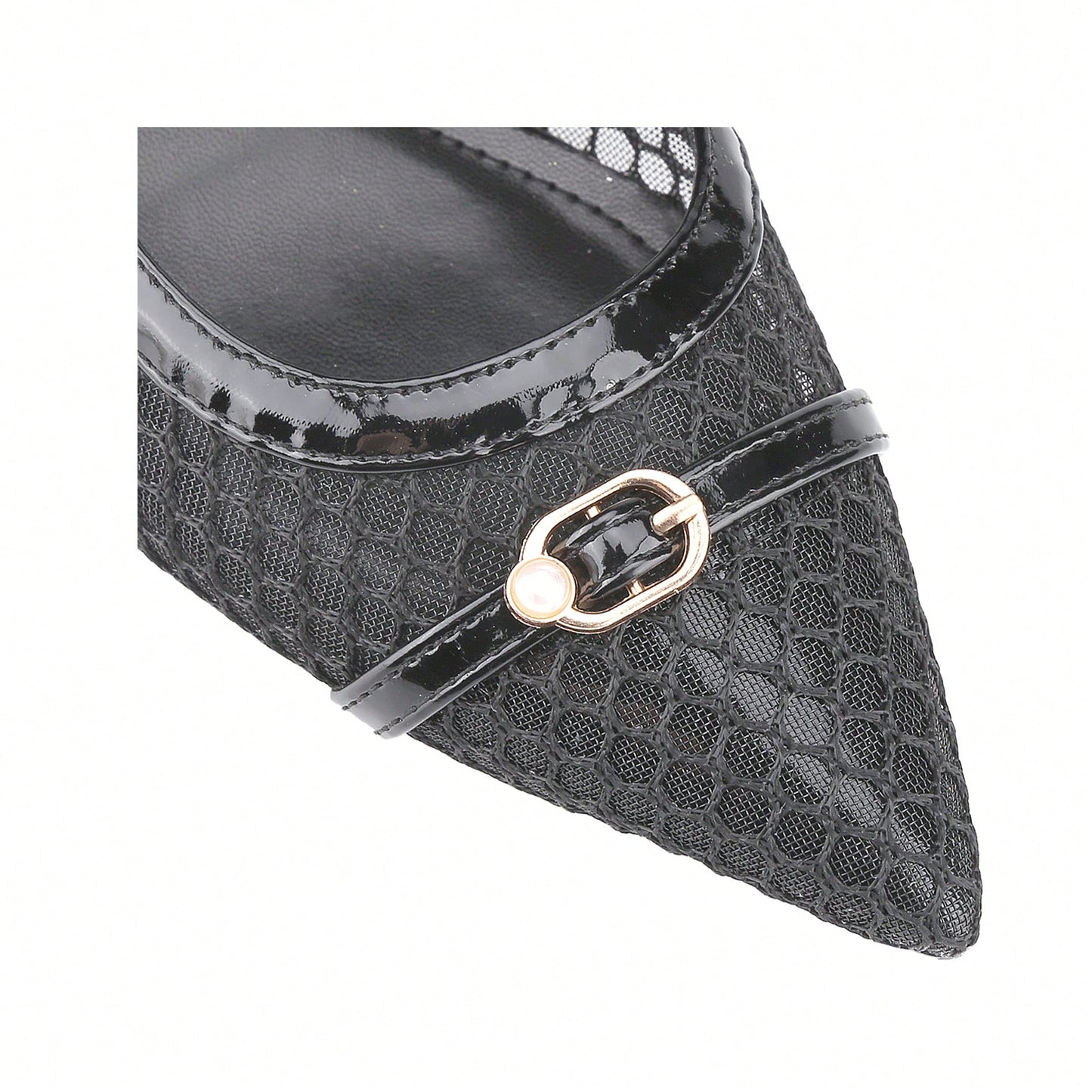 Women's Kitten Heels Slingbacks Point Toe With Pearl Buckle And Mesh Netting