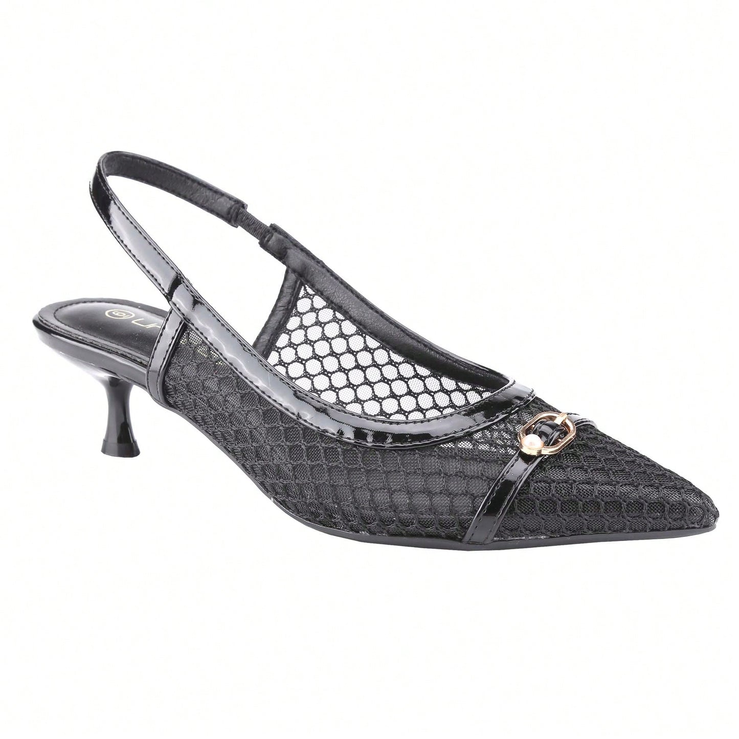 Women's Kitten Heels Slingbacks Point Toe With Pearl Buckle And Mesh Netting