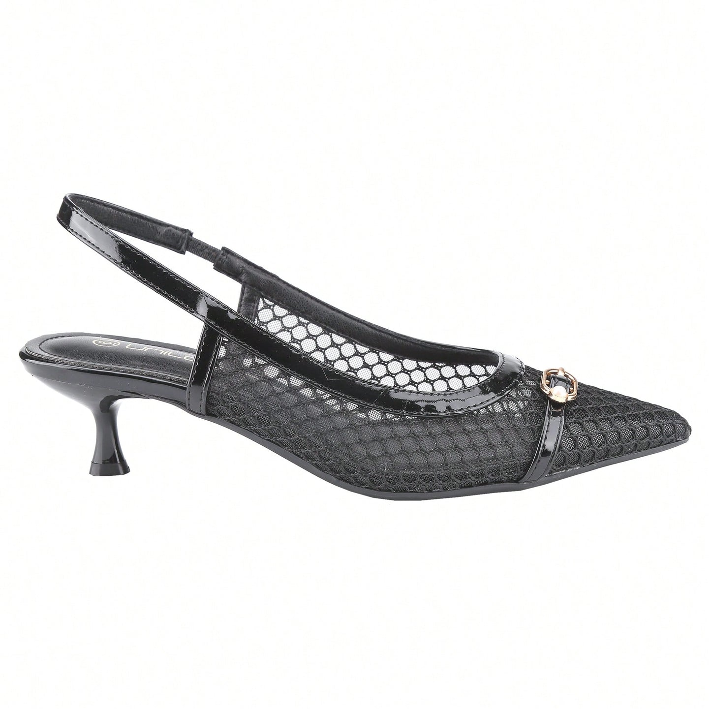 Women's Kitten Heels Slingbacks Point Toe With Pearl Buckle And Mesh Netting