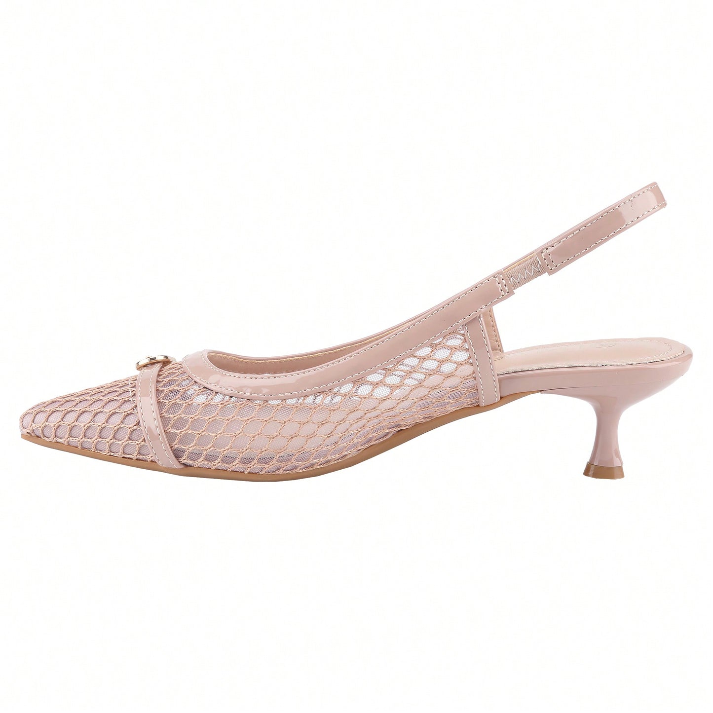 Women's Kitten Heels Slingbacks Point Toe With Pearl Buckle And Mesh Netting