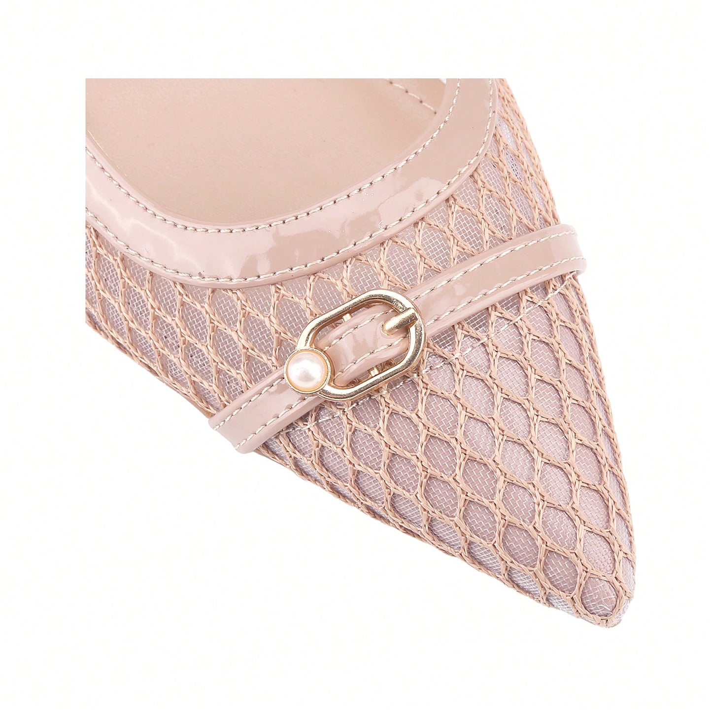 Women's Kitten Heels Slingbacks Point Toe With Pearl Buckle And Mesh Netting