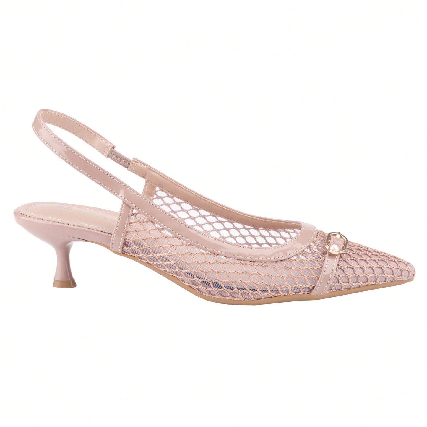 Women's Kitten Heels Slingbacks Point Toe With Pearl Buckle And Mesh Netting