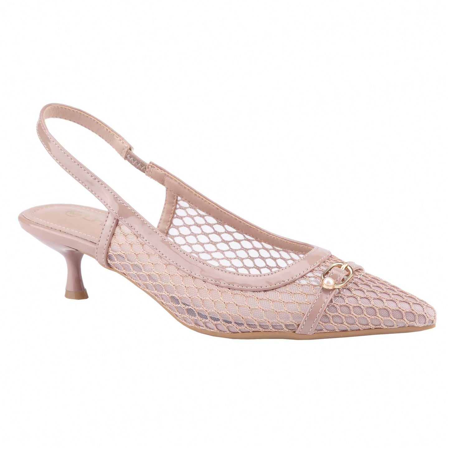 Women's Kitten Heels Slingbacks Point Toe With Pearl Buckle And Mesh Netting