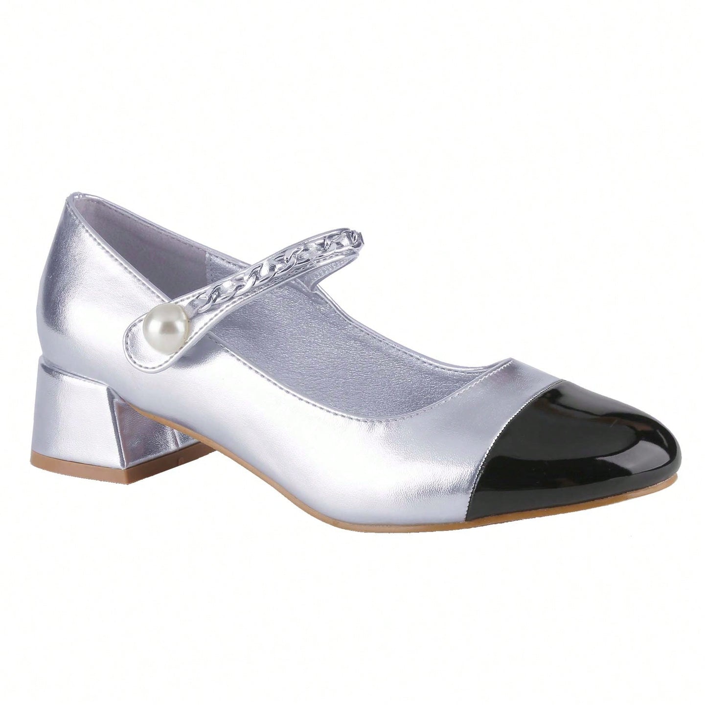 Women's Elegant Pearl-Chain Embellished French Mary Jane Pumps Patent High Heels